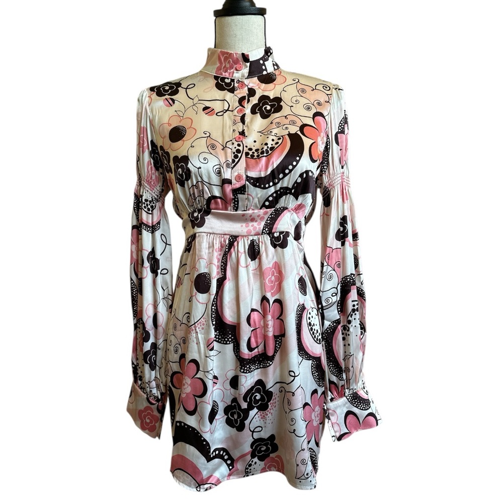 Vintage Y2K Sooki des L.A. Satin Floral Tunic Mini Dress Pink Black Mod Retro